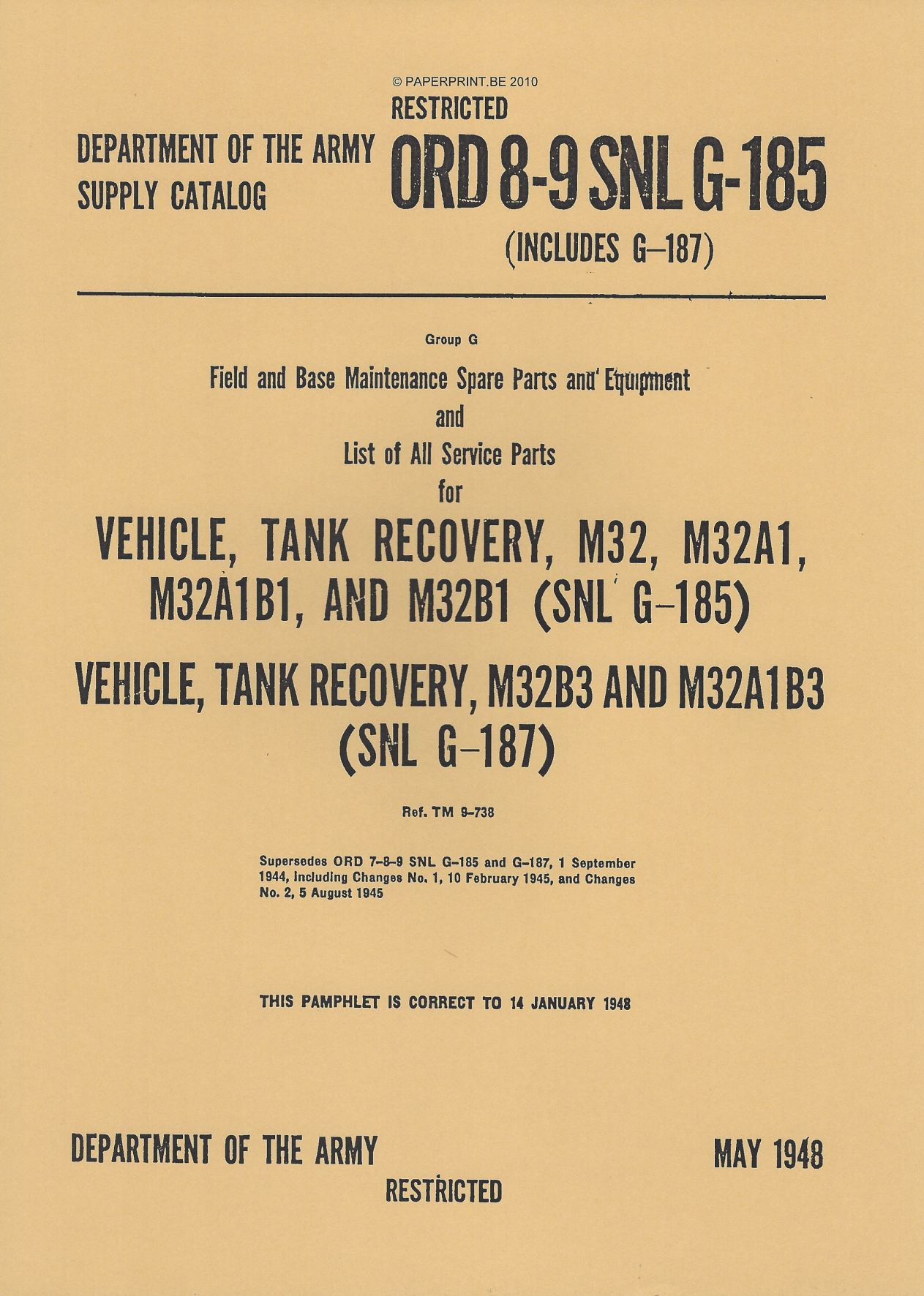 SNL G-185 US LIST OF ALL SERVICE PARTS FOR VEHICLE, TANK RECOVERY, M32, M32A1, M32A1B1, AND M32B1 (SNL G-185) VEHICLE, TANK RECO